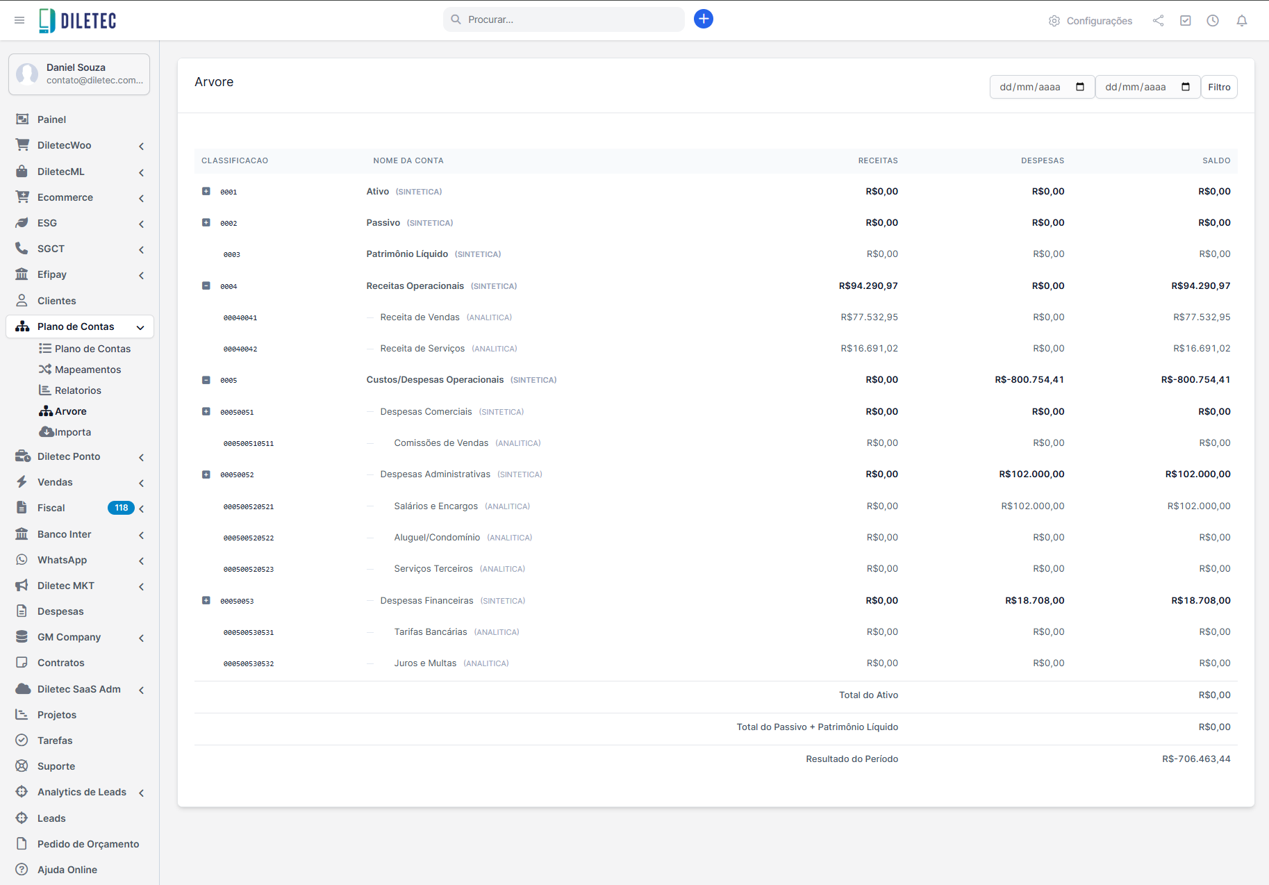 Visualização em árvore do Plano de Contas com saldos por conta