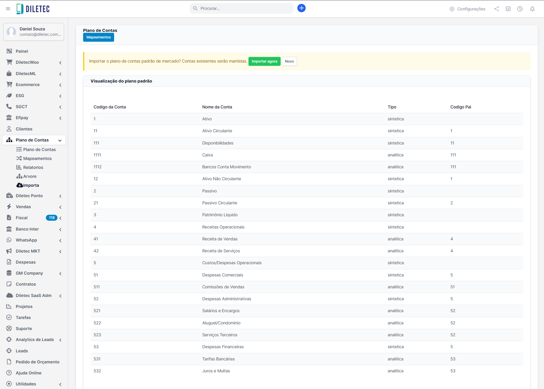 Importação do plano de contas padrão no módulo da Diletec