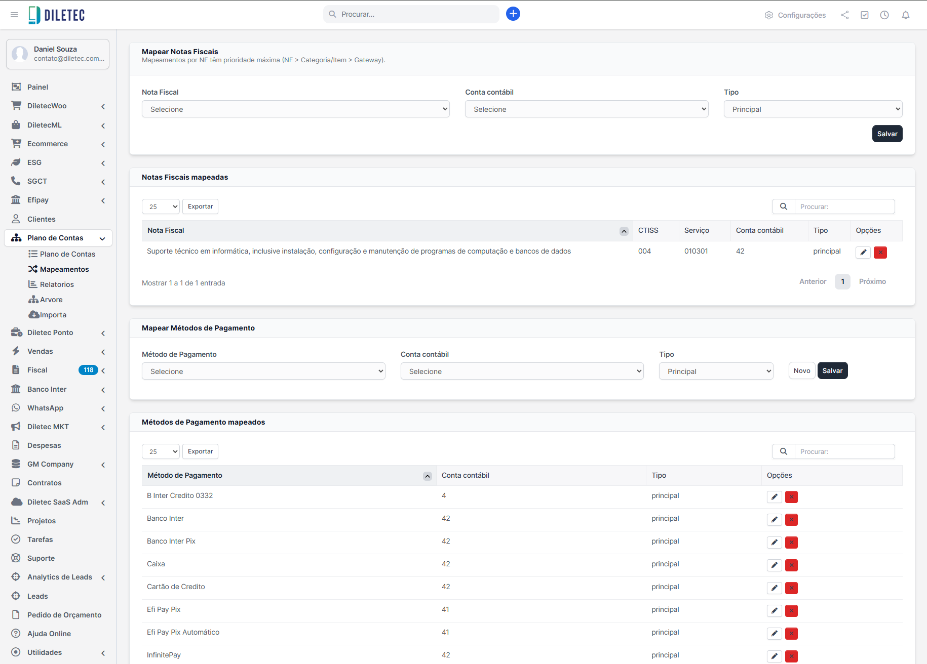 Tela de mapeamentos de notas fiscais e métodos de pagamento no módulo Plano de Contas