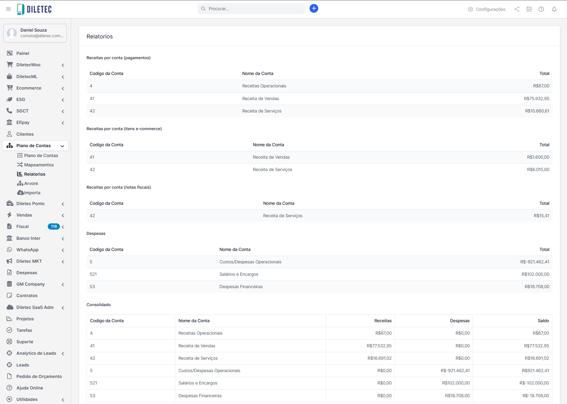 Tela de relatórios consolidados por conta contábil no módulo Plano de Contas