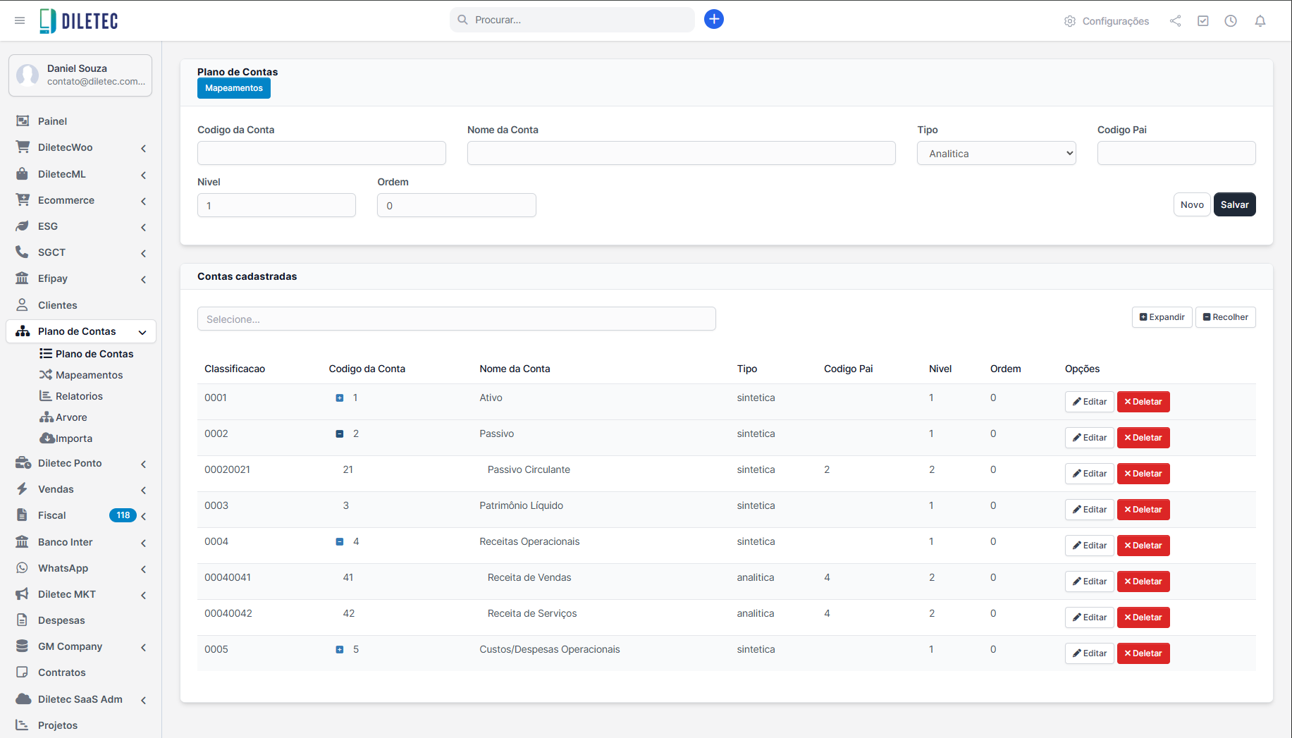 Tela de cadastro do Plano de Contas no módulo da Diletec para Perfex CRM