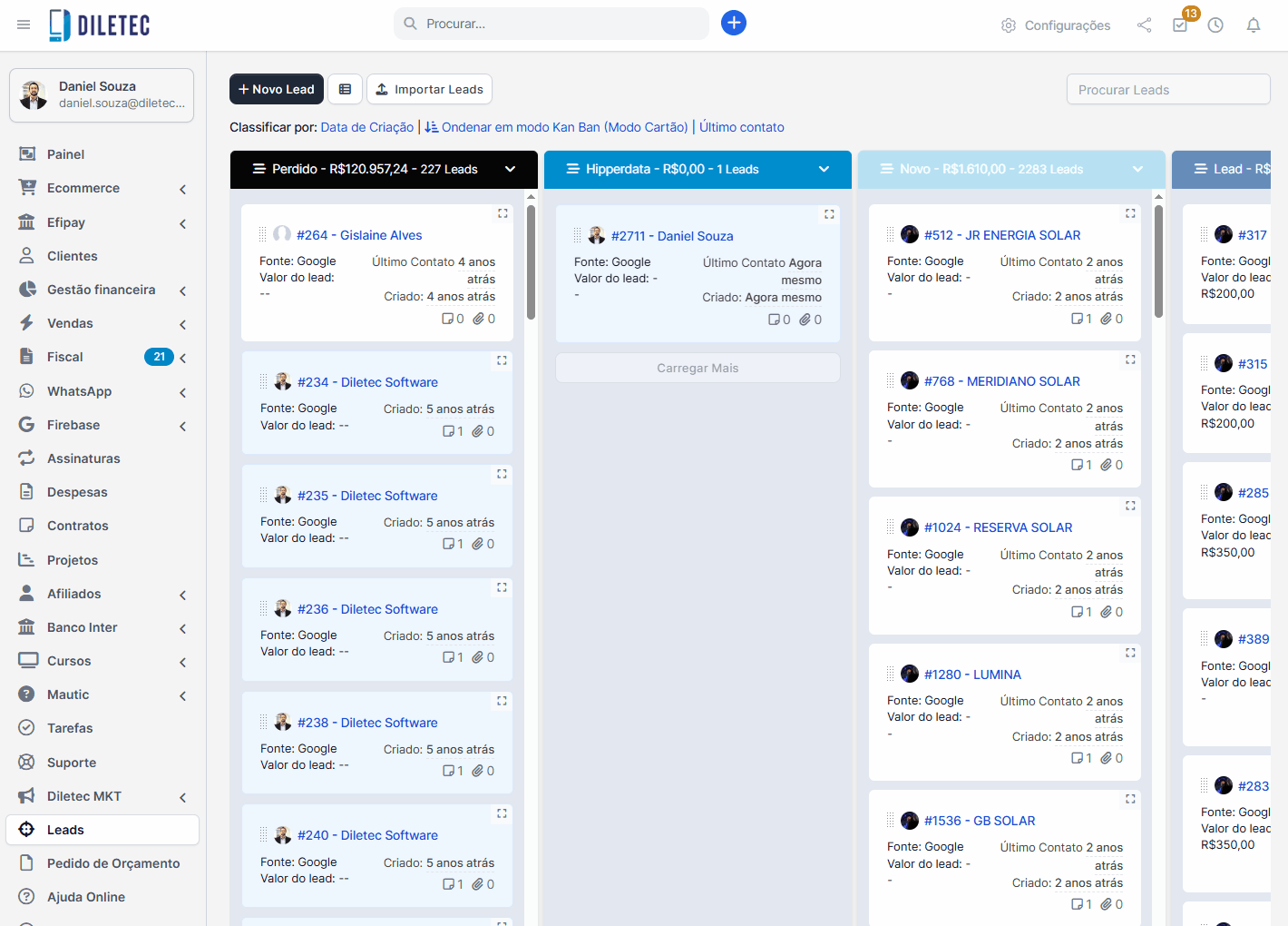 Tela de leads em kanban do ERP