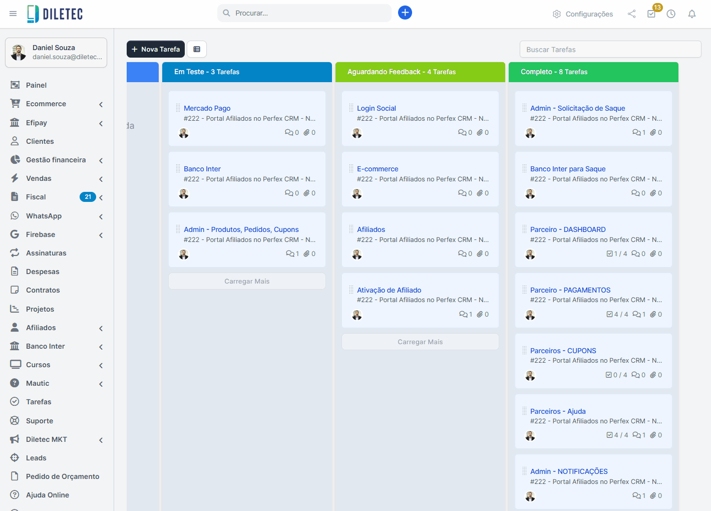 Tela de projetos e operação do ERP
