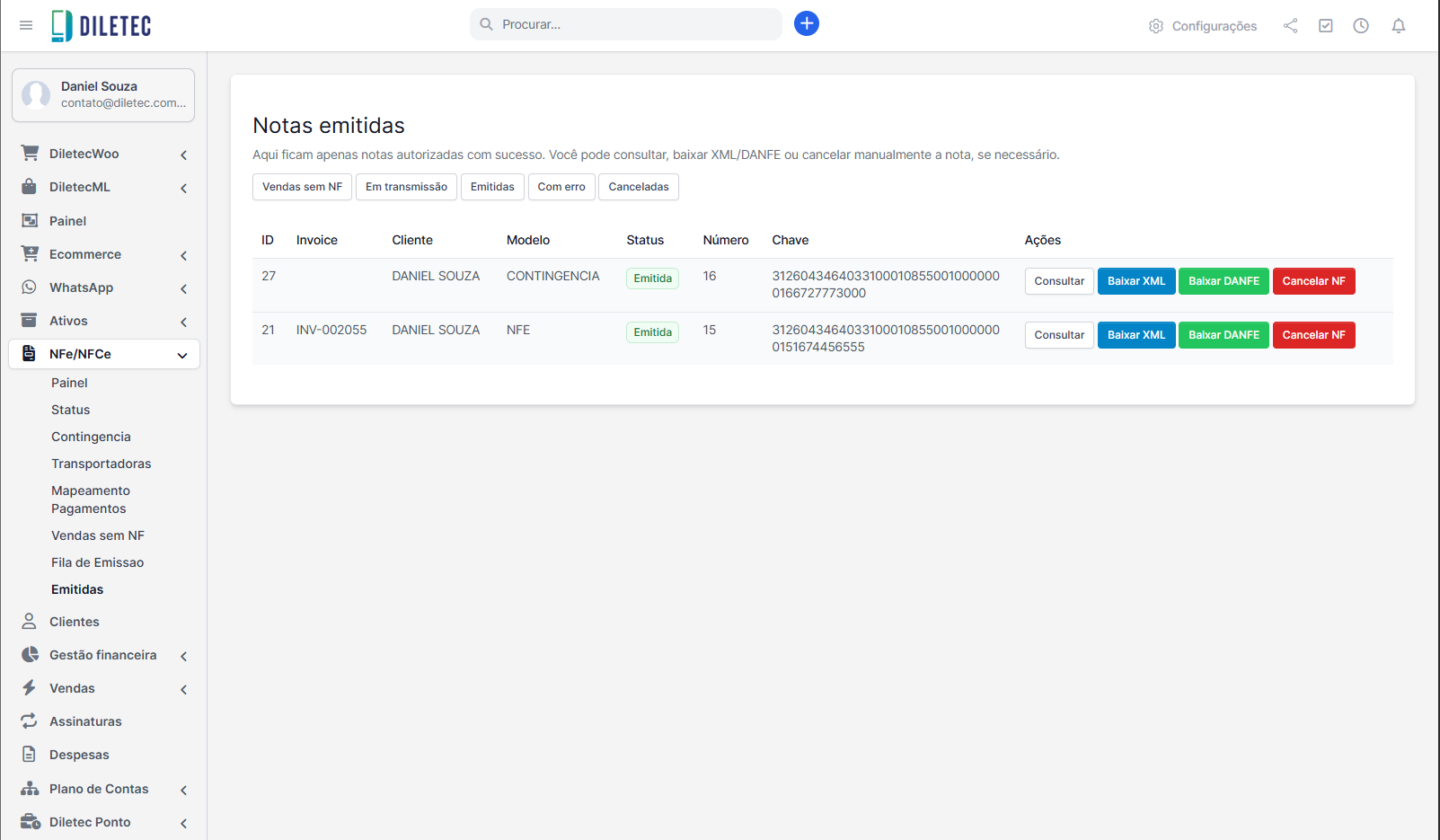 Tela de emissão de NFe e NFSe da Diletec